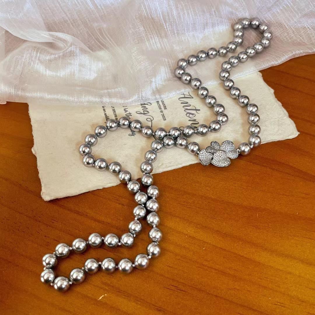 

Vintage French Shijia Platinum Grey Pearl Necklace Sweater Chain Various Wearing Necklaces