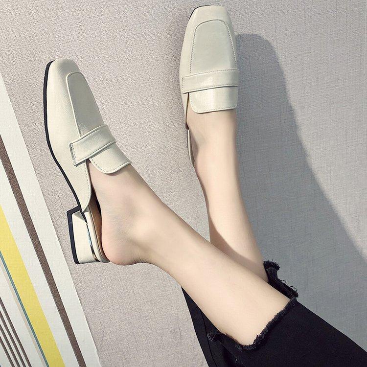 Half Slippers Women's 2025 Summer New Bag Head Leather Splicing Breathable Middle Heel Ladies Slippers Square Head