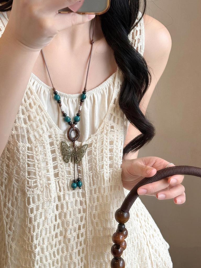 Bohemian Coffee Vintage Tassel Necklace, Ethnic Butterfly Pendant, 2025 Sweater Chain.