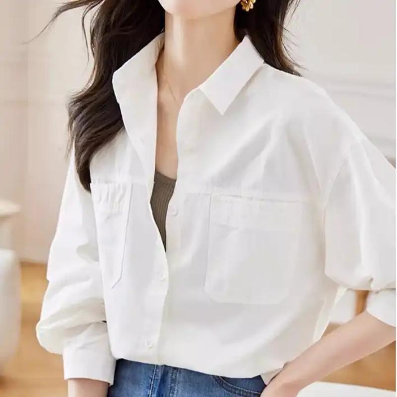 

Women Casual Lapel Pocket Loose Long Sleeve White Shirt M белый