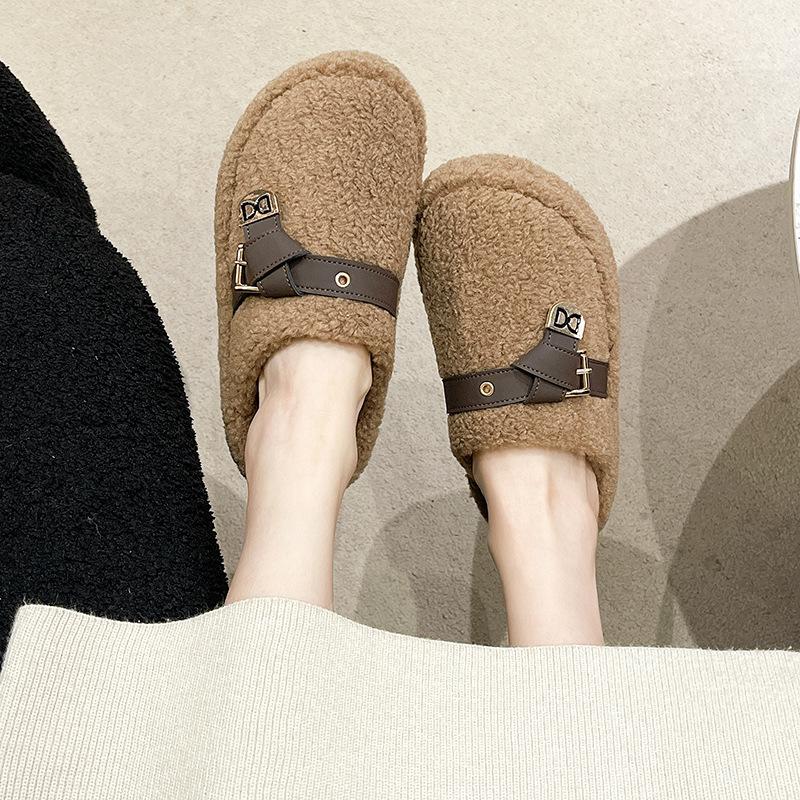 Niche Mao Mao Slippers Women's Wear 2025 New Autumn and Winter Internet Celebrity Versatile Lamb Wool Thick-bottomed Cotton Slippers
