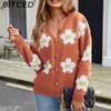 BITCED Damen 3D Floral V-Ausschnitt Strick-Cardigan Herbst/Winter Lässige Strickjacke mit entspannter Passform