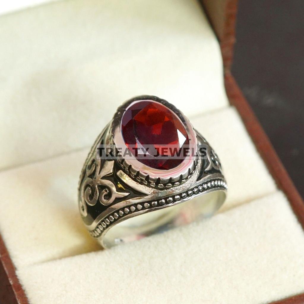 Garnet Oval Cut Gemstone With 925 Sterling Silver Ring For Men's #B88 JL375671415355