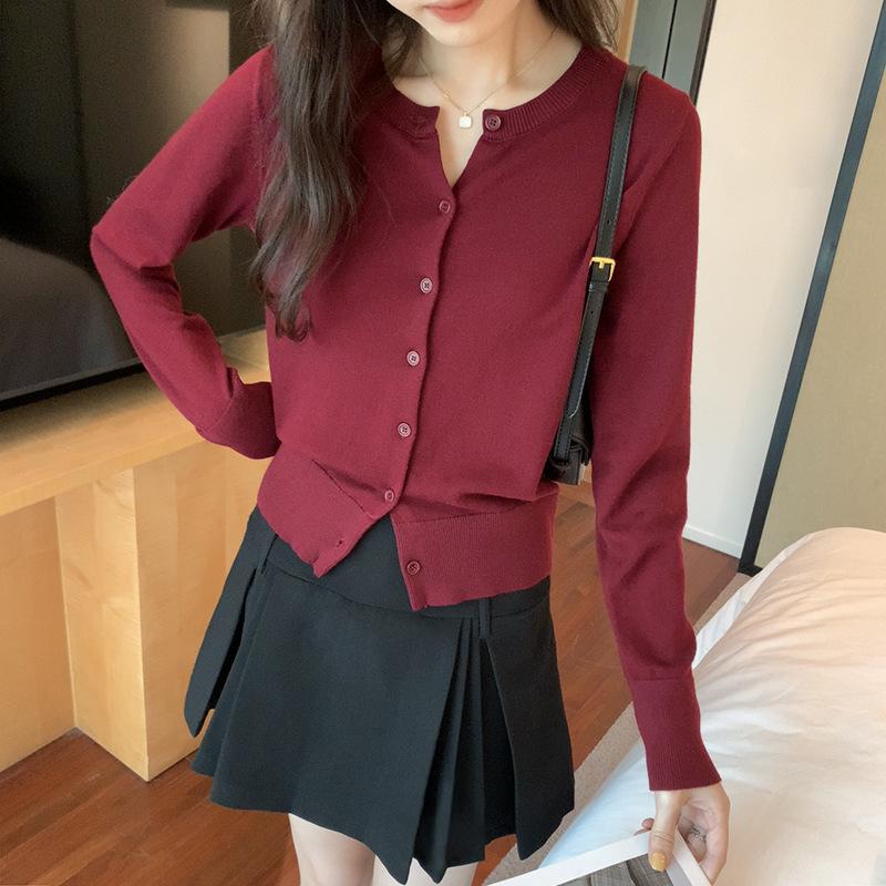 Европейский кардиган с круглым вырезом и правым плечом для женщин осенне-зимний новый стиль ленивый короткий рождественский красный свитер куртка S 3349₽