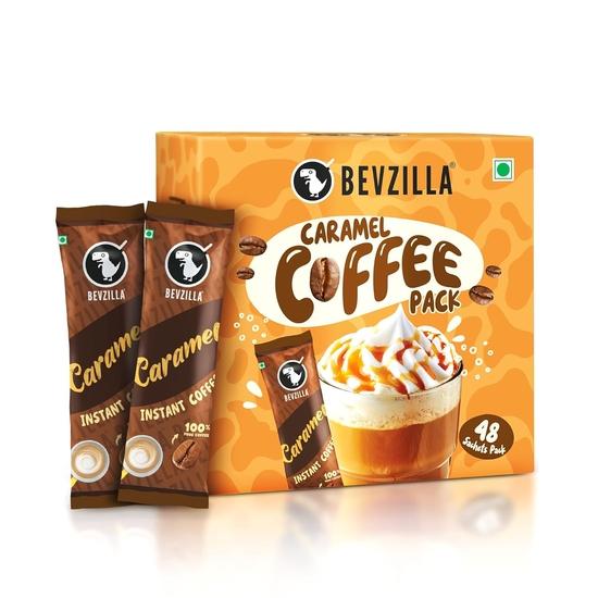 Bevzilla 48 Instant Coffee Powder Sachets (Caramel) - 96 Grams | Makes 48 Cups| Arabica Coffee| Strong Coffee| Best For Espresso, Latte,Cappuccino