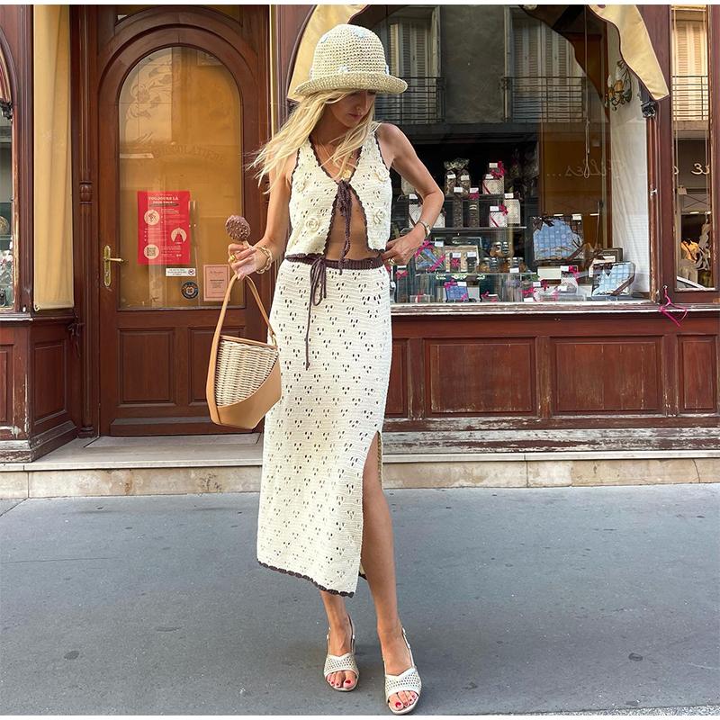 

Женский трикотажный комплект из 2 предметов: алый трикотажный жилет + юбка с разрезом по низу, женский топ с V-образным вырезом и шнуровкой, вязаный крючком, ткань в стиле ретро, этнический стиль, повседневный, летний