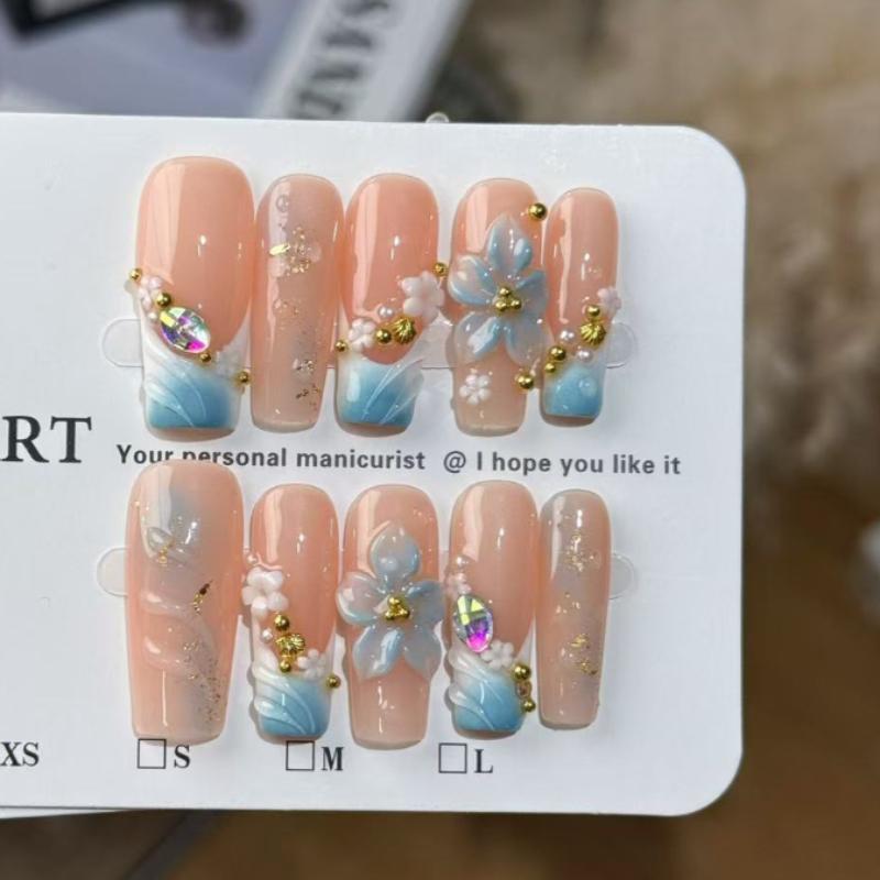 Handmade Press On Nails Nude Pink with Blue French Ombre & 3D Floral Design XS