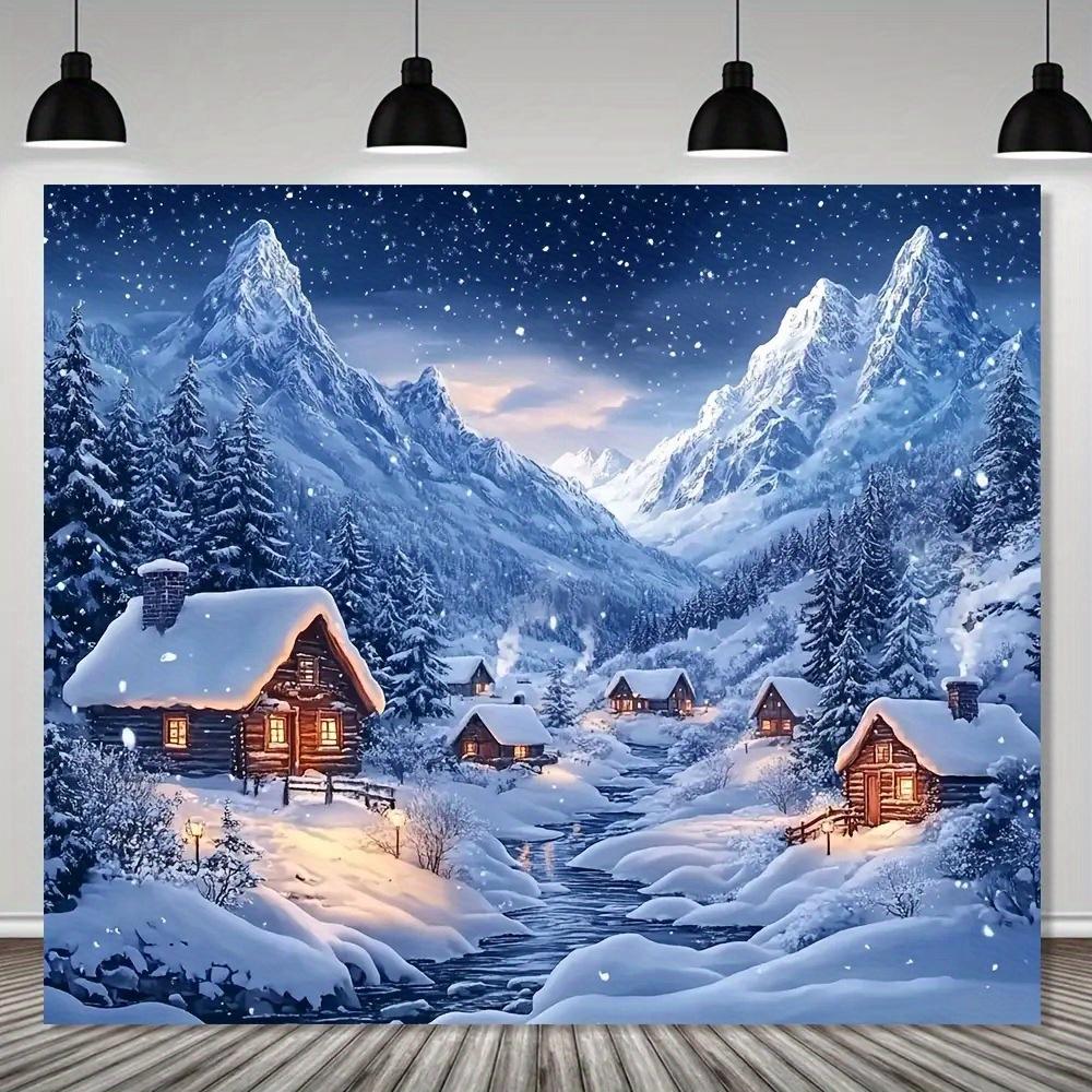 Large Winter Landscape Tapestry Wall Hanging Snowy Mountain Village Cabin Decor Christmas Nordic Style Magical Winter Art Print