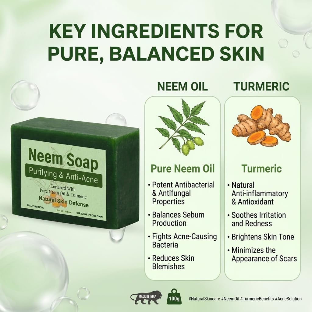 Natural Neem & Turmeric Soap Bar (100g) – Purifying Anti-Acne Formula for Clear Skin – Enriched with Pure Neem Oil – Herbal Skin Defense for Acne