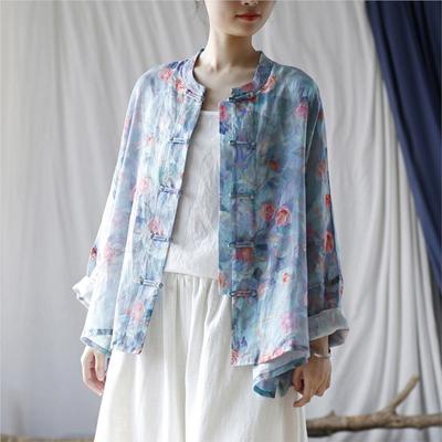 Women Chinese Style Shirts Tops Print Floral Stand Bat Sleeve Button Blouses Spring Vintage Shirts