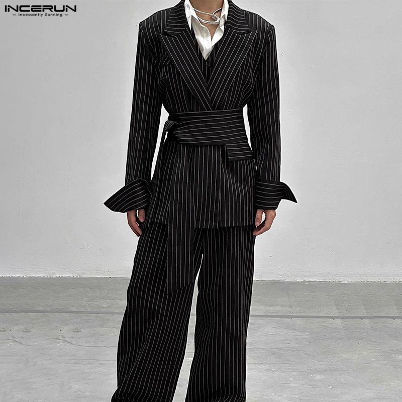 INCERUN Men Sets Lapel Neck Striped Belt Blazer Tops Trousers Long Pants Casual Suits