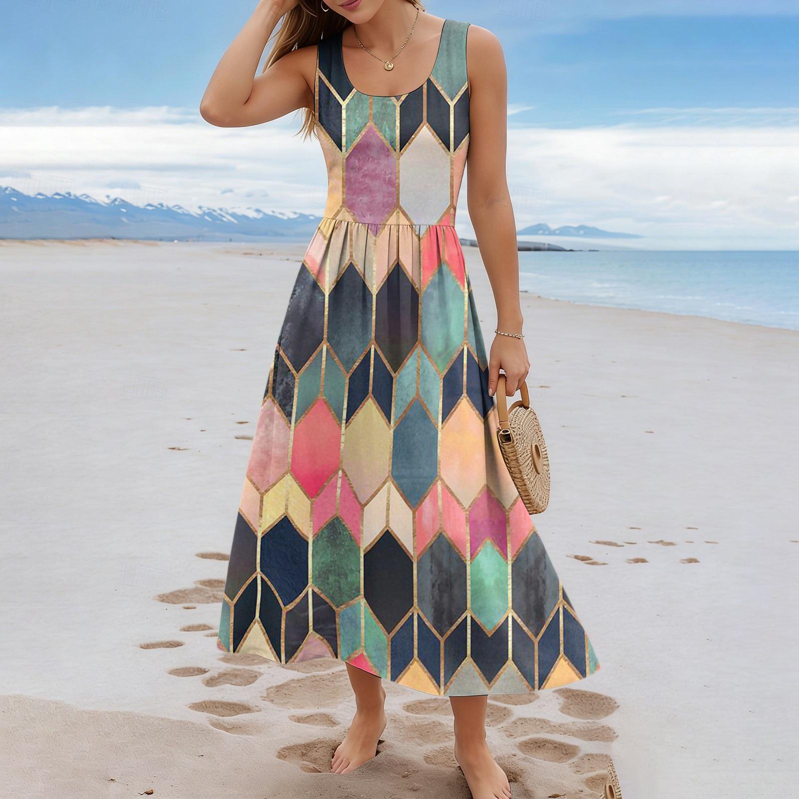 

Sleeveless Scoop Neck Maxi Dress with Asymmetrical Printed Panel Relaxed Fit Lightweight Fabric for Women XXXL зелёный