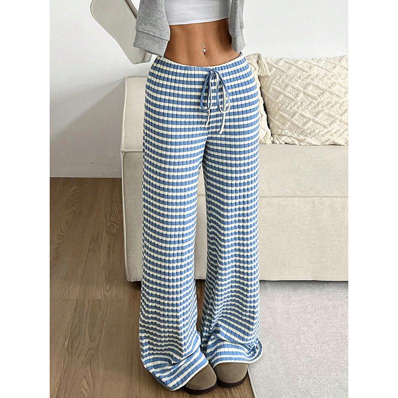 Pantalon large et décontracté à rayures pour femme, couleur unie, cordon de serrage, taille basse, droit, élégant, simple, slim, capri, 25781