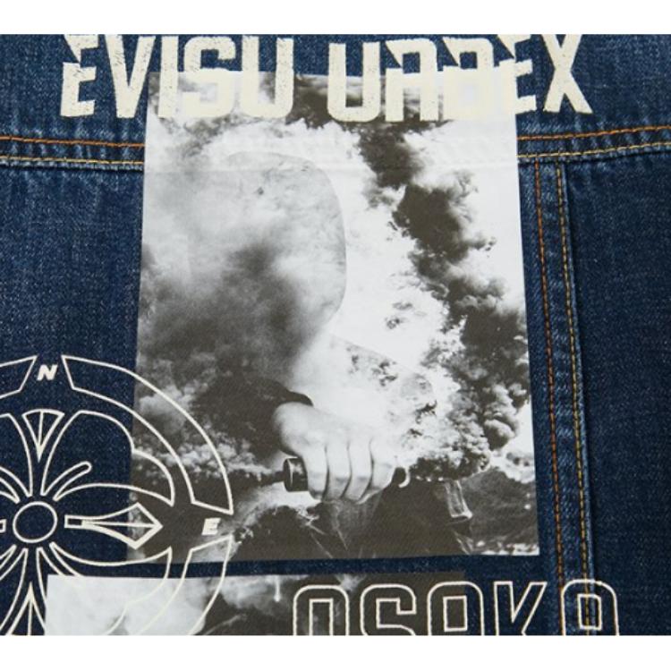 Evisu Family Flower And Photo Print Jacket Men Jacket Denim-Blue 2EAHTM0DJ706LF