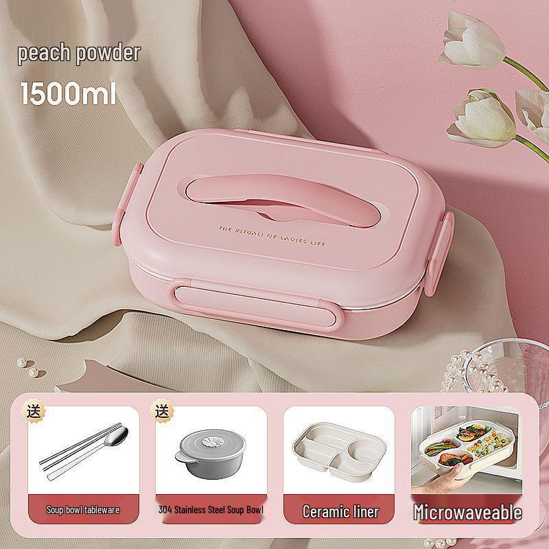 Insulated Ceramic & Stainless Steel Bento Box: Microwave-Friendly Lunch Box for Office & School, Divided for Easy Meal Storage.