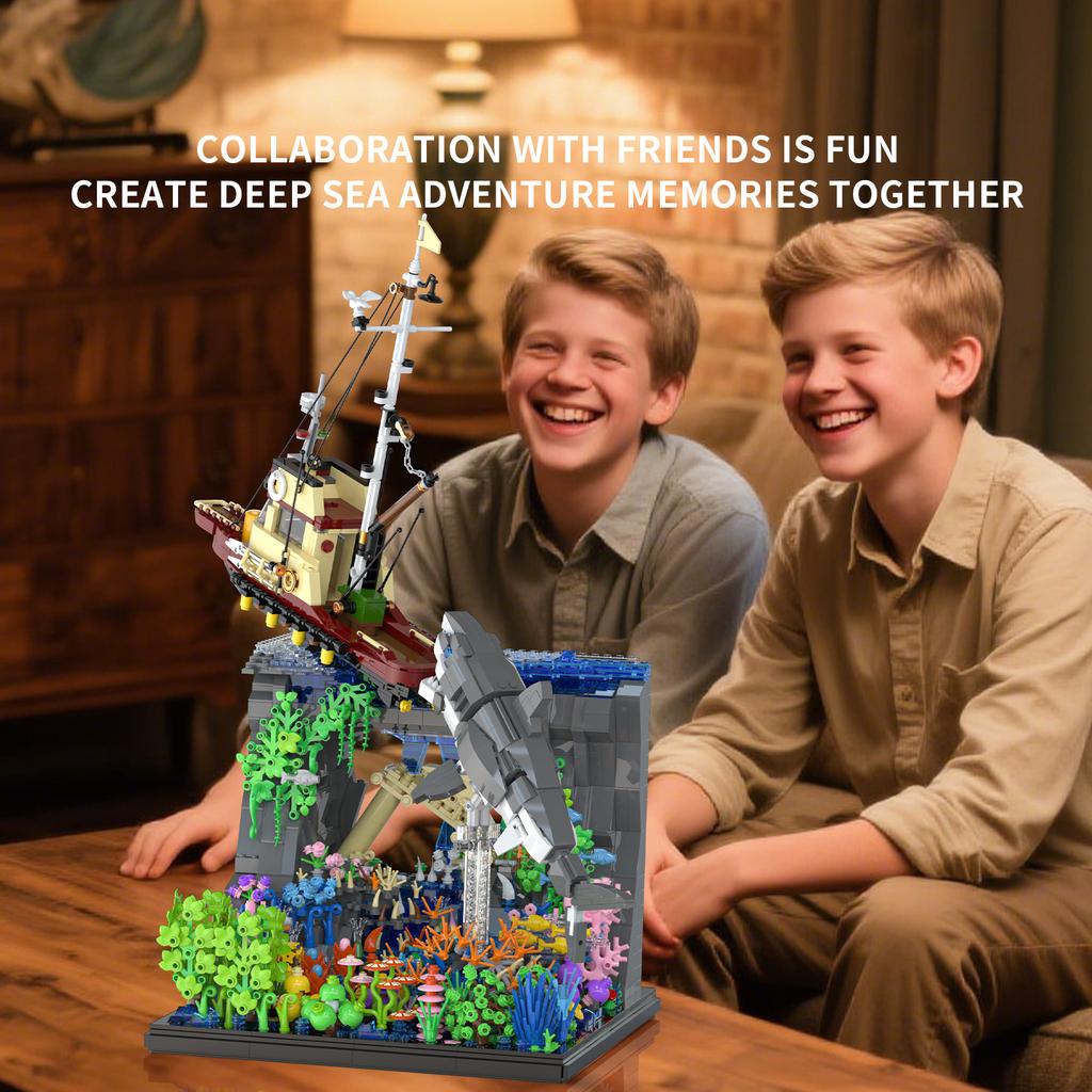 2932 PZ Squalo Bianco Barca da Pesca Blocchi da Costruzione Scena Oceanica Modello Mattoncini Ornamenti da Scrivania Giocattoli Educativi Fai-da-te Regali per Bambini