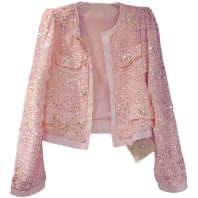 Women's Korean Outerwear Cardigan Splicing Sequin Jacket Spring Female Long Sleeved Stylish Socialite Versatile Slim Jacket