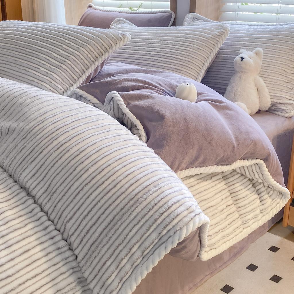 Jacquard Hemming Thickened Milk Fleece Four-Piece Set Double-Sided Fleece Quilt Cover Dormitory Three-Piece Set Bedding
