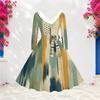 Women Plus Size V Neck Furry Trim Long Sleeve Printed Dark Blue Tie Waist A Line Midi Dress