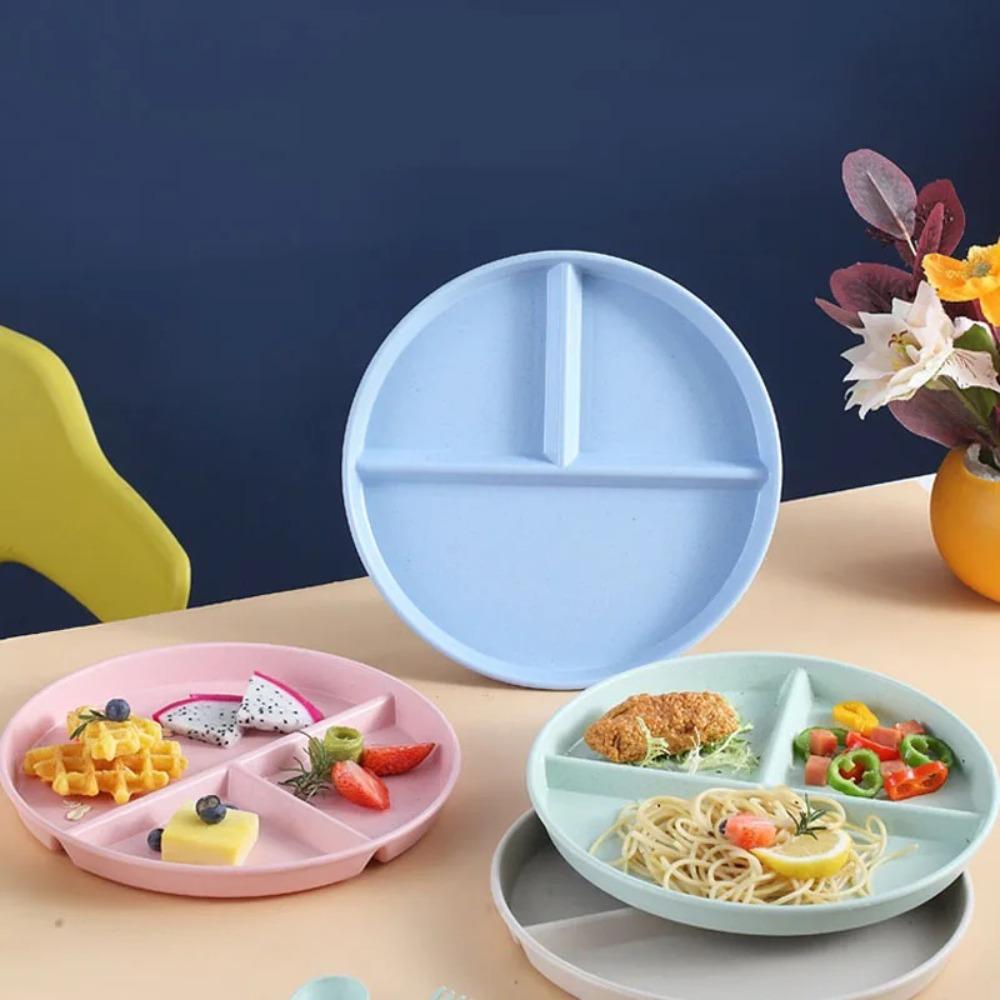 Three-Compartments Divided Plate Anti-fall Plastic Reusable Baby Tableware Eco-Friendly Wheat Straw Kitchen Dinnerware Plates