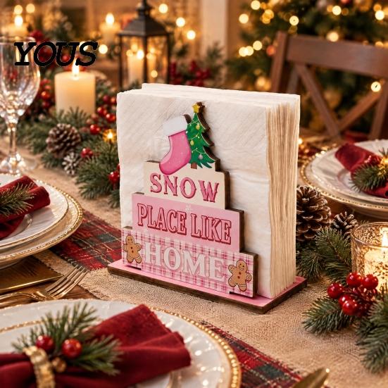 Festive Home Accents Wooden Christmas Napkin Holder, Rustic Farmhouse Tissue Dispenser, Pink Merry Hand Painted Wood Decor Cocktail Holder for Dining