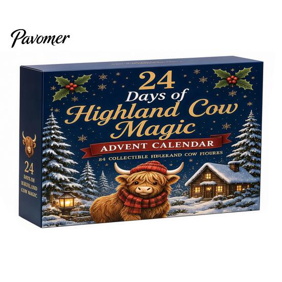 Highland Cow Advent Calendar Calendar, 24 Unique Acrylic Ornaments, Decorative Cute Animal Hanging Charms 2D Flat for Christmas Tree Decoration