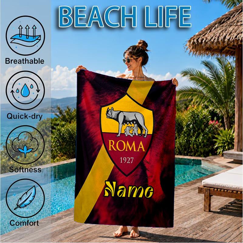 Custom Name Beach Towel Roma Football Crest Emblem Microfiber Beach Towel, Lightweight for Summer Travel, Swimming Pool Fan Birthday Gift