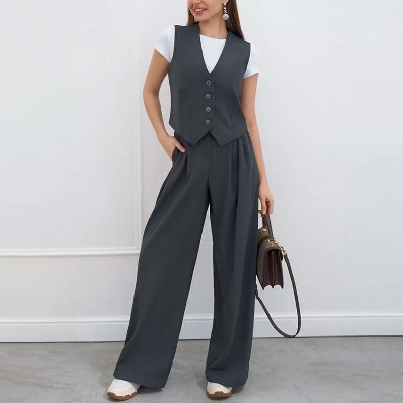 Womens 2026 Business Casual 2-Piece Set Sleeveless Blazer Vest Long Pants Solid Color Office Wear