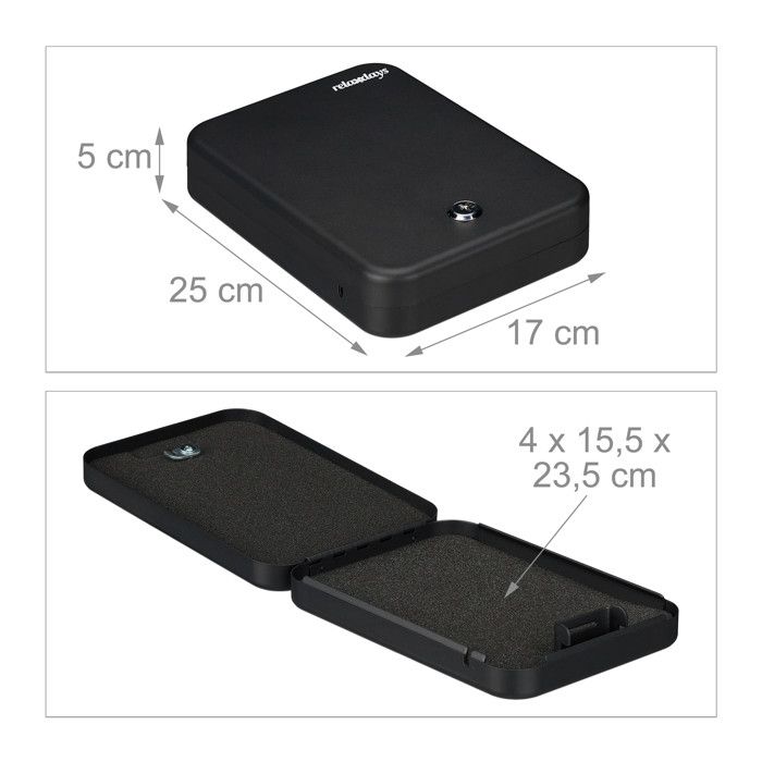 Relaxdays Coffre-fort verrouillable, 2 clés, nomade, câble de sécurité, acier, H x L x P: 5 x 17 x 25 cm, noir