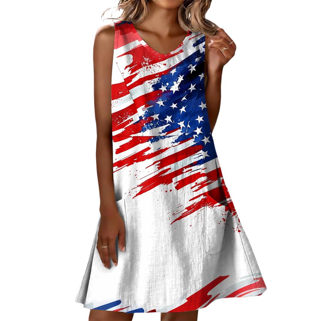 Sommerkleider für Damen Locker Strandurlaub Lässig Ärmellos V-Ausschnitt Sonnnenkleider Mit Taschen Trägerkleid