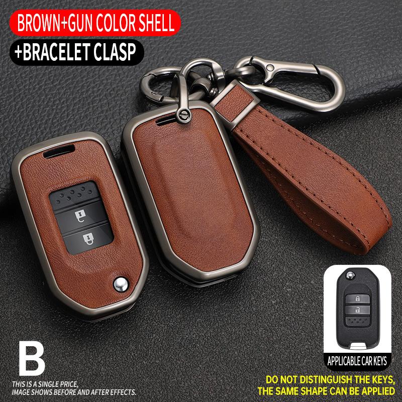 Interior Mouldings Zinc Alloy Leather Car Key Case Cover for Honda Civic 8th gen Folding Protected Key Replace Shell Keychain Au