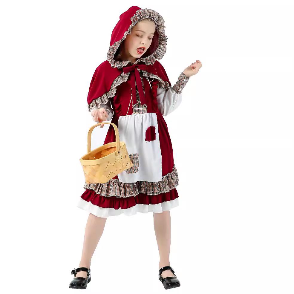 Children's Girls Halloween Little Red Riding Hood Costume Princess Dress Cosplay Dress Suit Women's Clothing