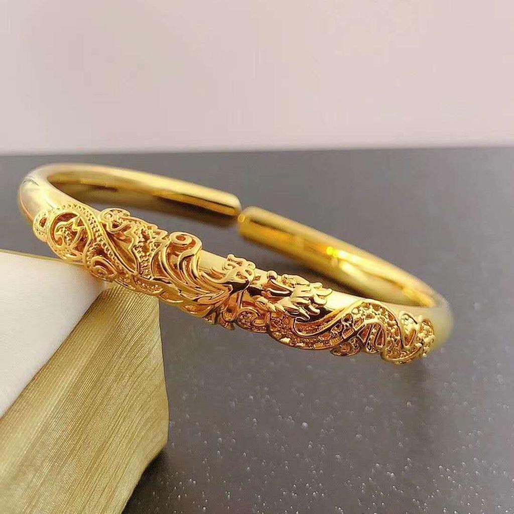 Gold Color Dragon and Phoenix Open Bracelet Children's Peacock Smooth Face