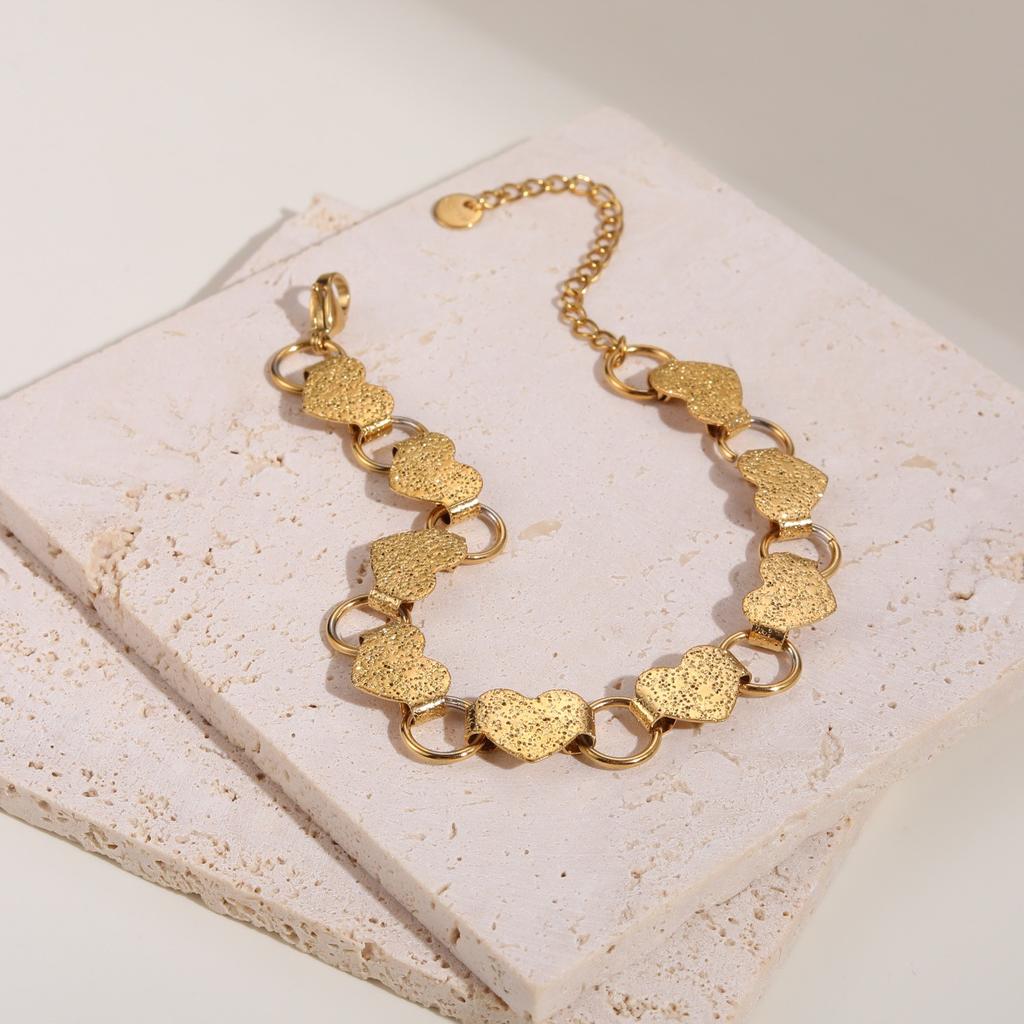 GEMCHIC Women's 18K Gold Plated Stainless Steel Heart Hollow Necklace Bracelet Set Geometric Chain Fashion Jewelry