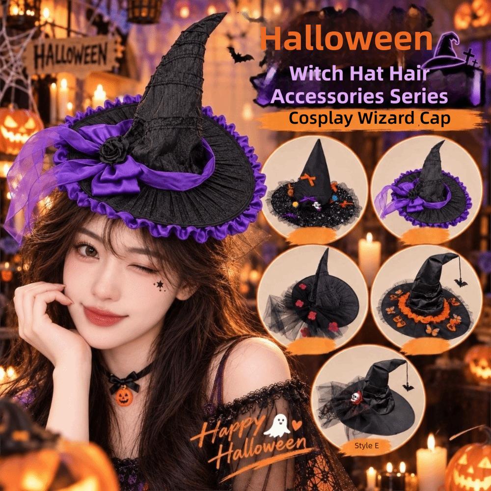 Handmade Cosplay Wizard Cap Wrinkled Design Retro Lace Bowknot Hat  Halloween