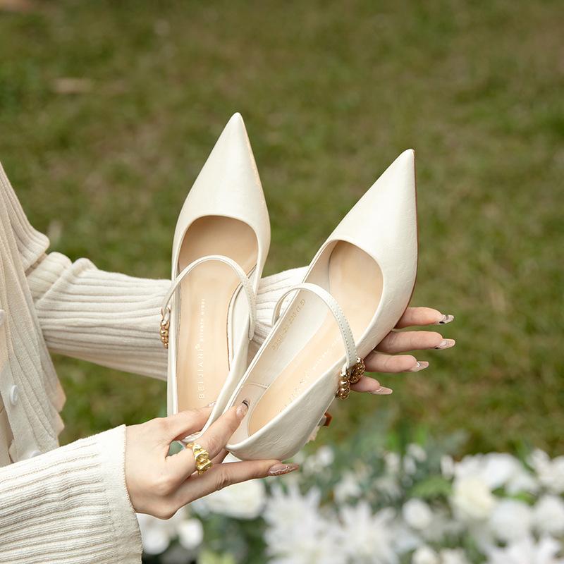 Soft sheepskin one-word buckle high heels women's thin heels pointed shoes spring