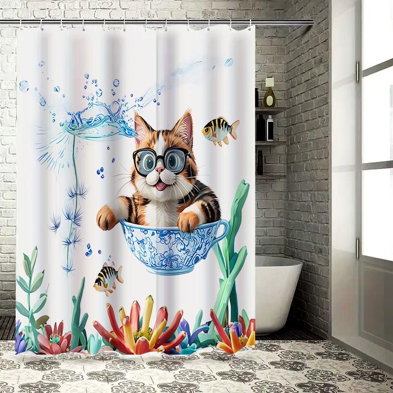 

Cute Cat In Blue Teacup Shower Curtain For Bathroom Decoration Funny Pet Design Waterproof Durable Easy To Install And Maintain W60H190(CM)-1 Pcs