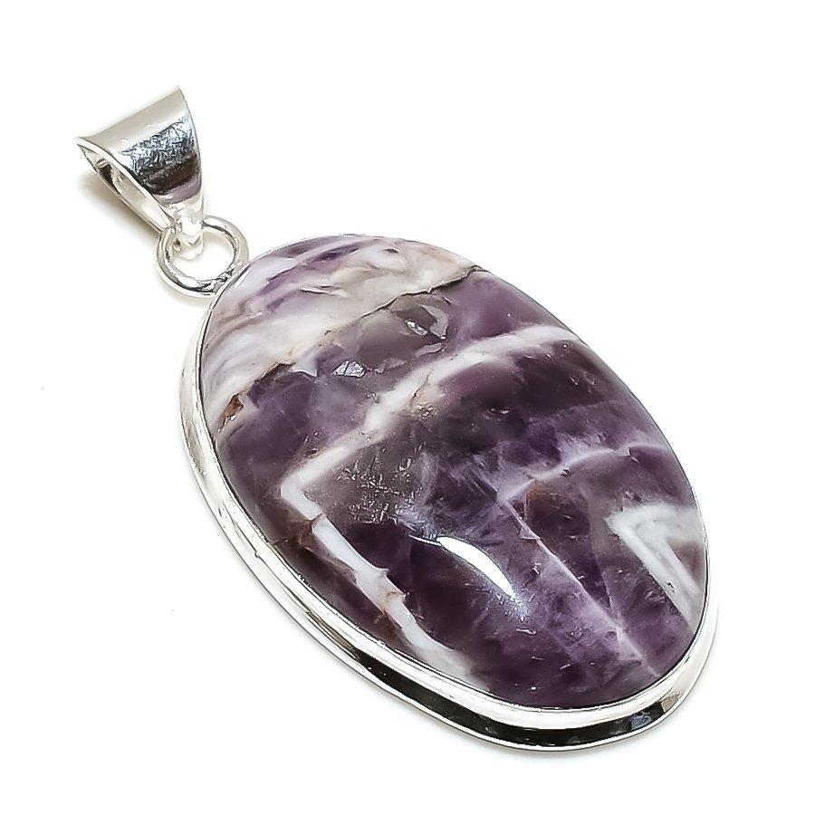 Chevron Amethyst Gemstone 925 Solid Sterling Silver Jewelry Pendant 2.05" SU-10221