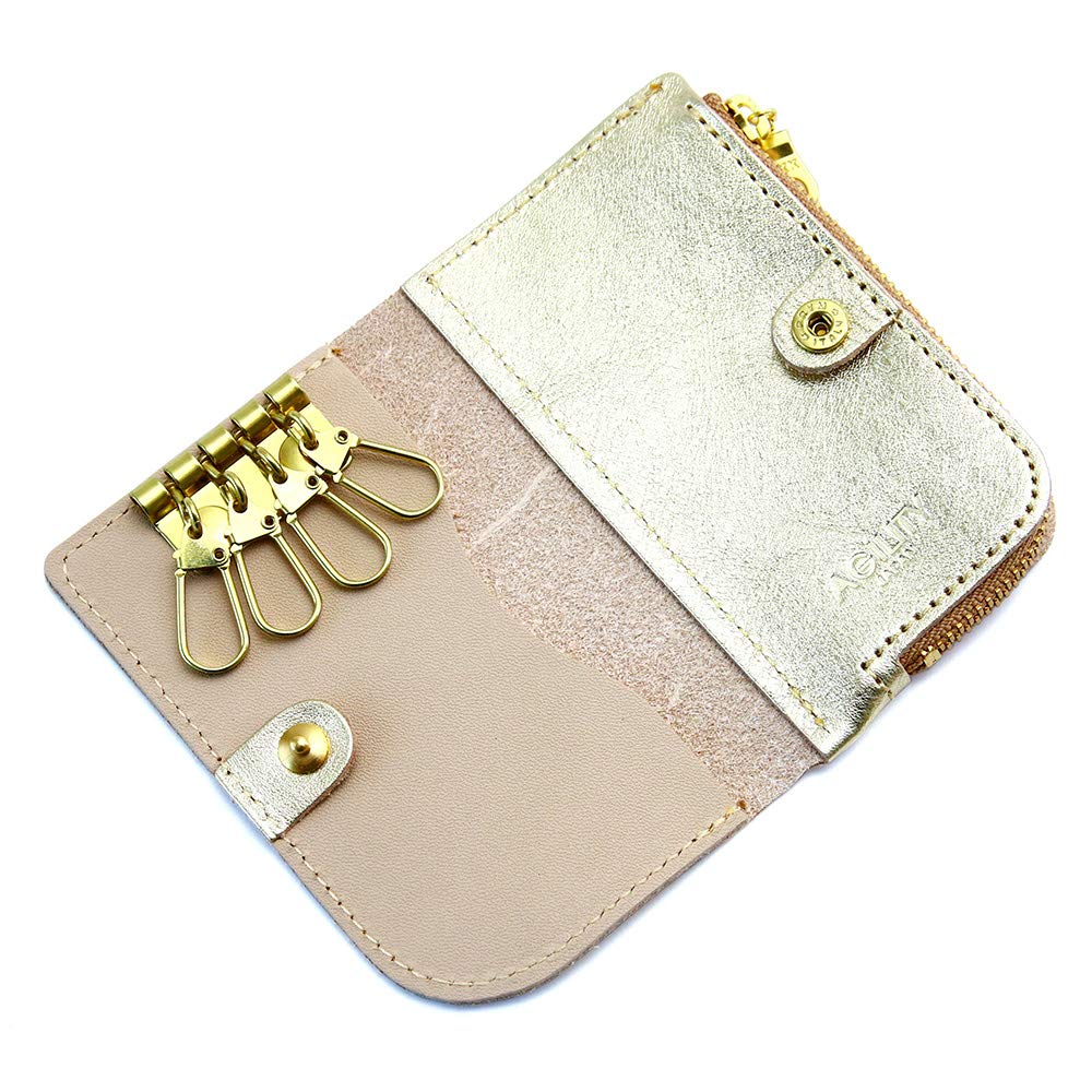 AGILITY affa "Bell" Key Case with Integrated Coin Case, Gold and Silver, Genuine Leather, Stylish