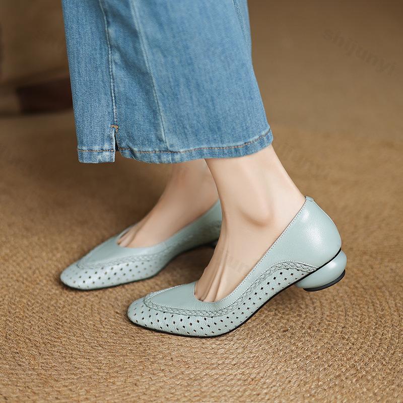 

Fashion 2025 Summer New Style Women s French Style Elegant Casual Single Shoe Hollow Breathable Coarse Heeled Comfortable Pointed Pumps 35 синий