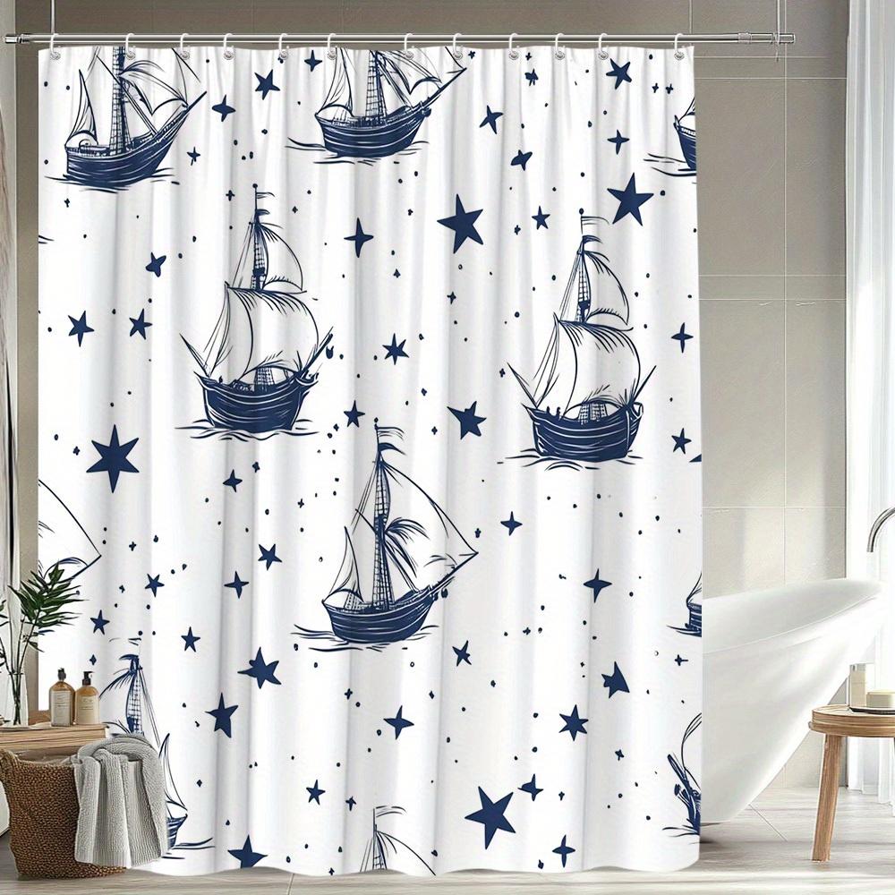 1pc Nautical Star Pattern Shower Curtain, 70. 8x70. 8 Inches, Polyester Fabric, Bathroom Decor, Includes 12 Hooks