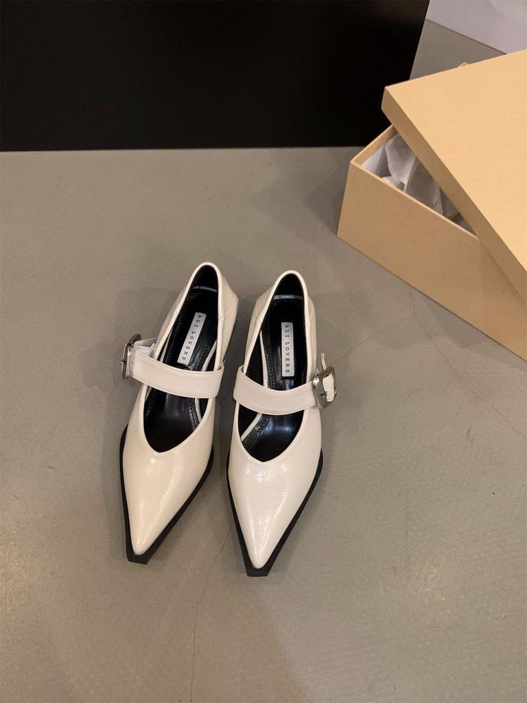 French black pointed single shoes women's shoes 2025 new spring, autumn and winter medium and high heels evening shoes Mary Jane small leather shoes