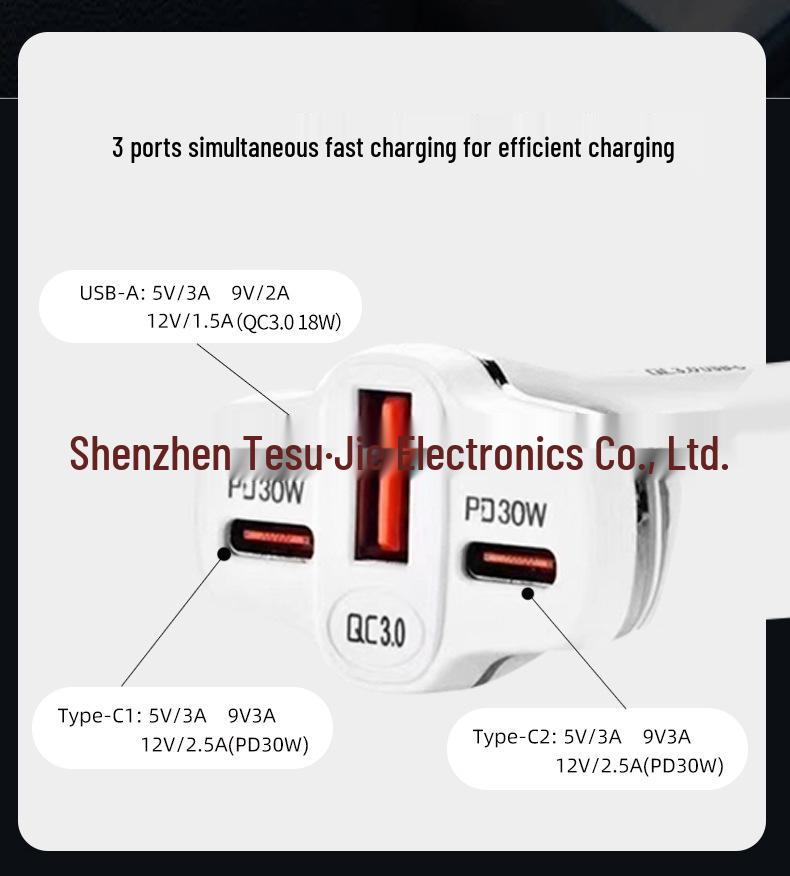 Apple-Compatible Super Fast 60W Car Charger with Three Ports (Dual USB-C)