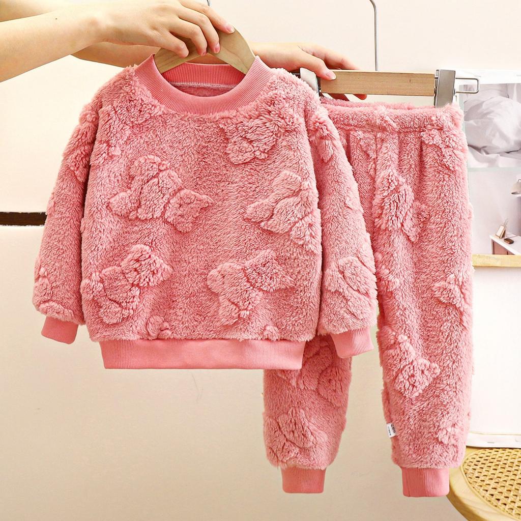 Kinder Einfarbig Verdickter Flanell Warm Hausanzug Und Pyjama Set Für Jungen Und Mädchen