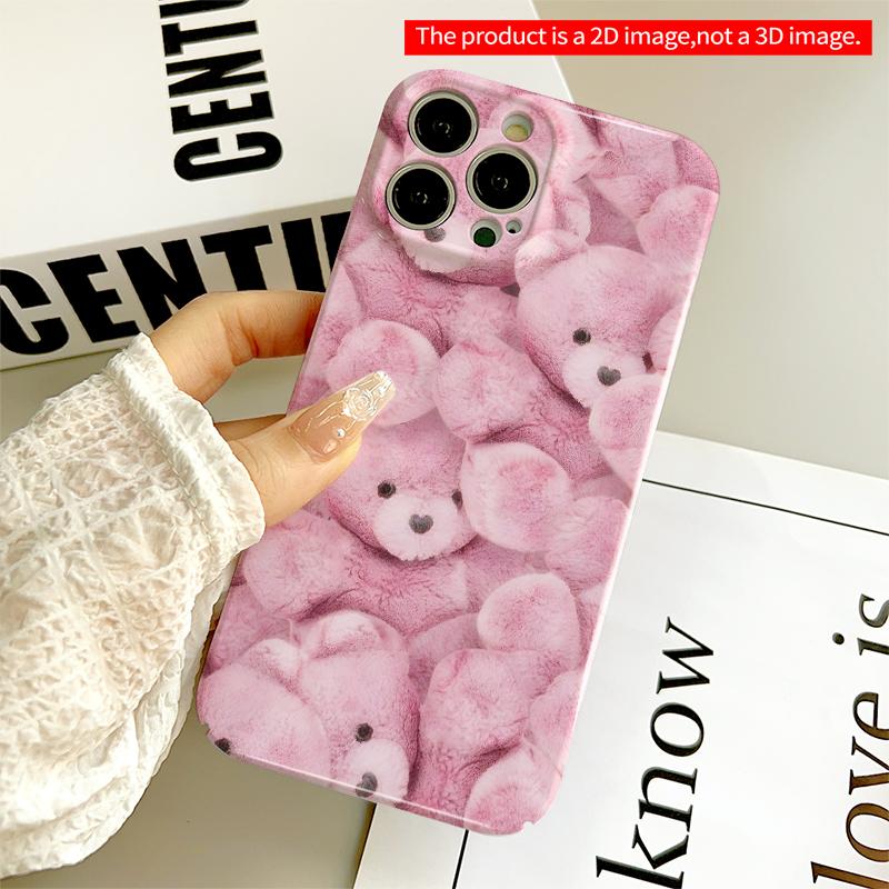 2DFlat Pink Teddy Bear Soft Fuzzy Phone Case All Inclusive Film Hard iPhone Case, Compatible with iPhone 18 Pro Max 17 16 15 14 13 12 11