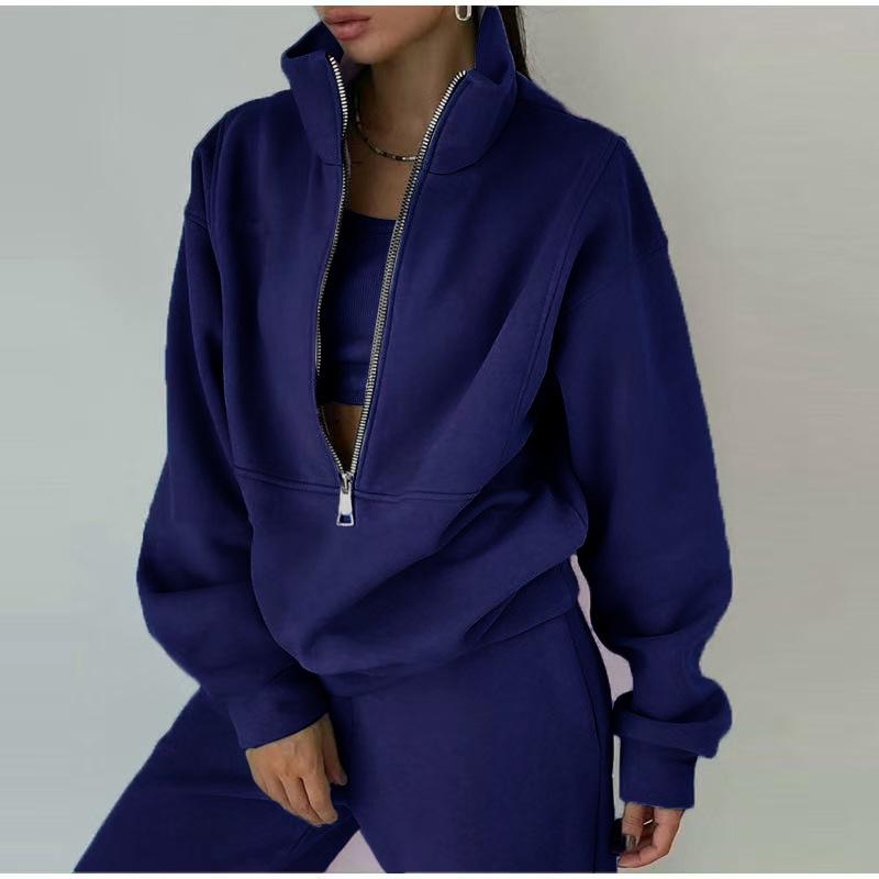 European & American Style Casual Zipper Fleece Knit Sweatshirt & Sweatpants Women's Two-Piece Set