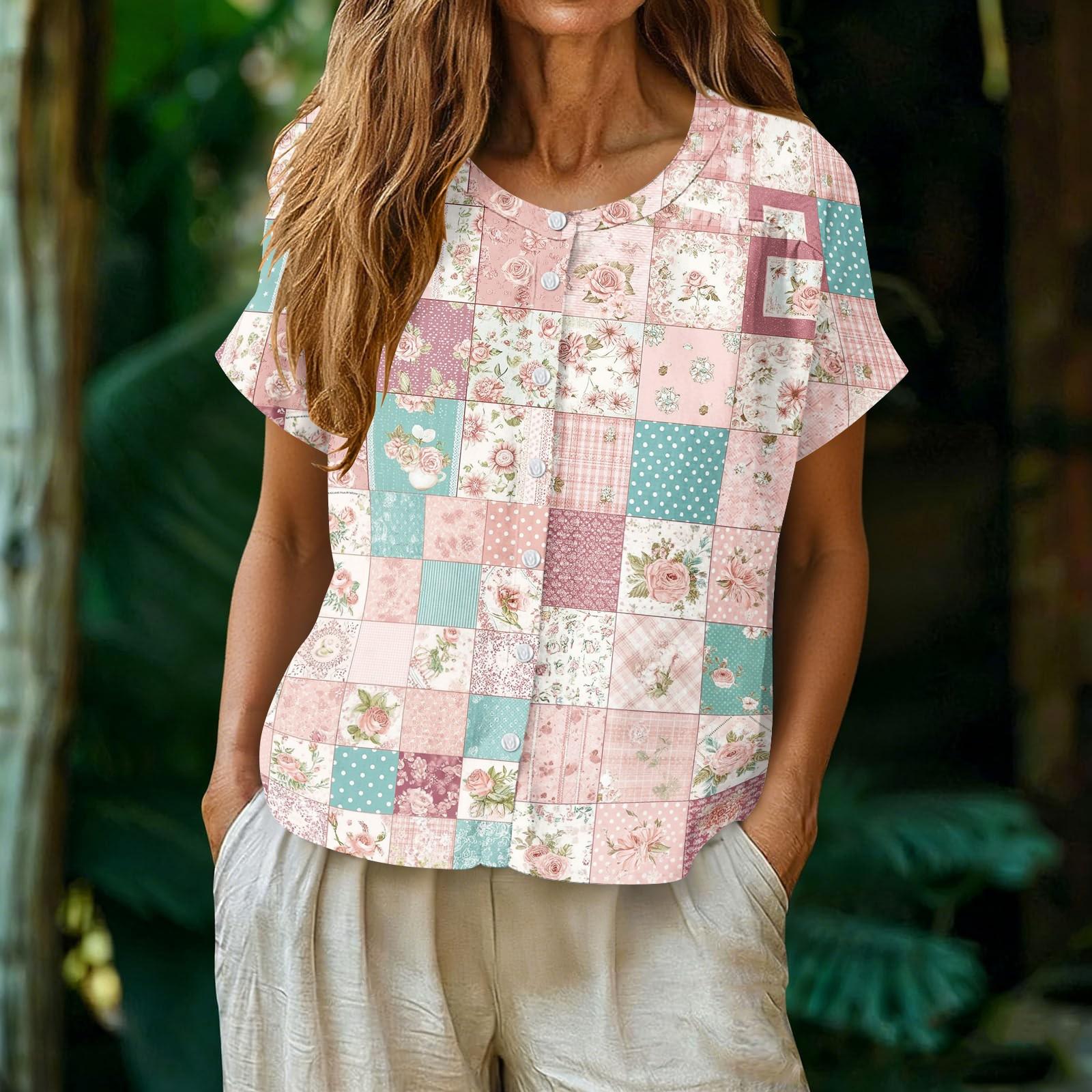 Women s Fashion Neck Single Breasted Patchwork Print Top S
