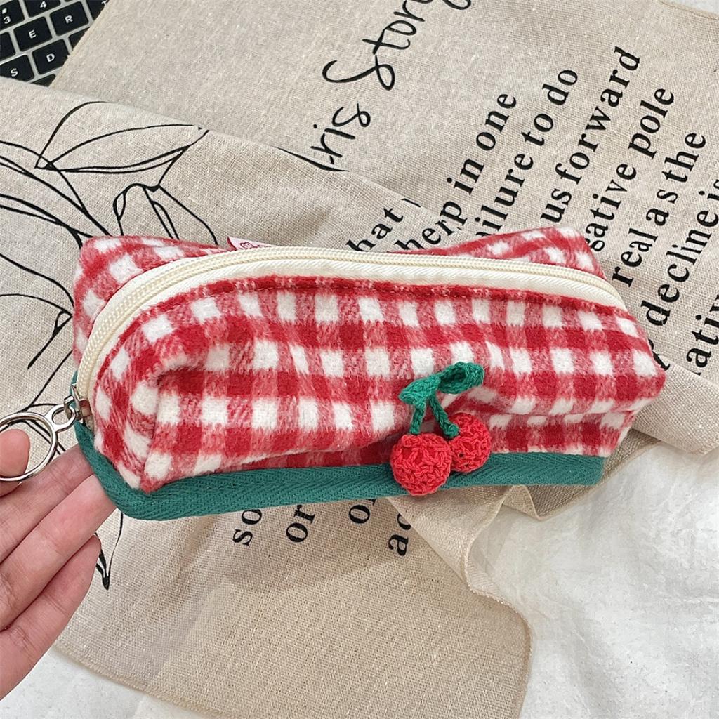 Knitted Plaid Student Stationery Pencil Case Multifunctional Storage Cosmetic Bag Portable Stationery Box
