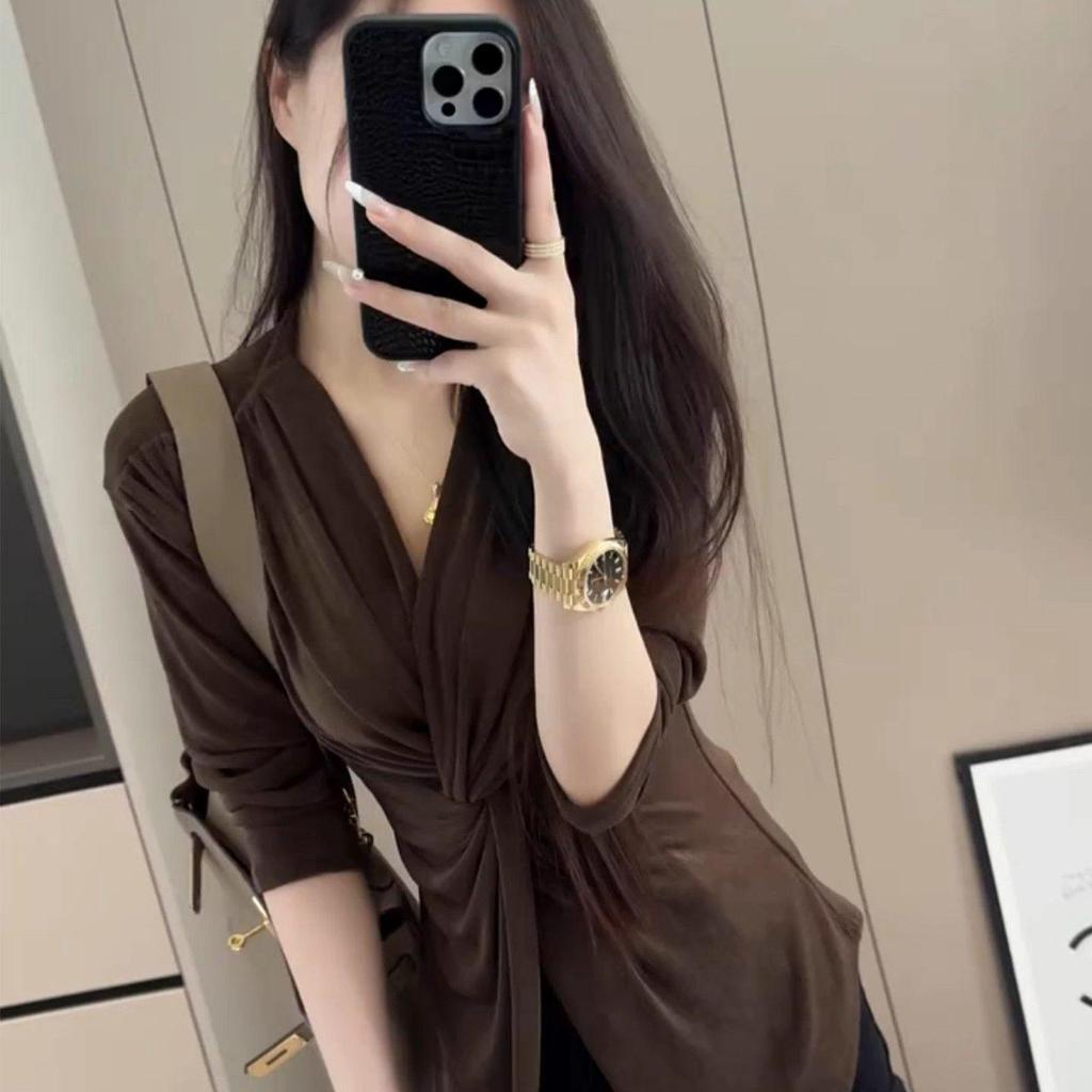 Women's Autumn 2025 Slim Fit V-Neck Twisted Long-Sleeve Top