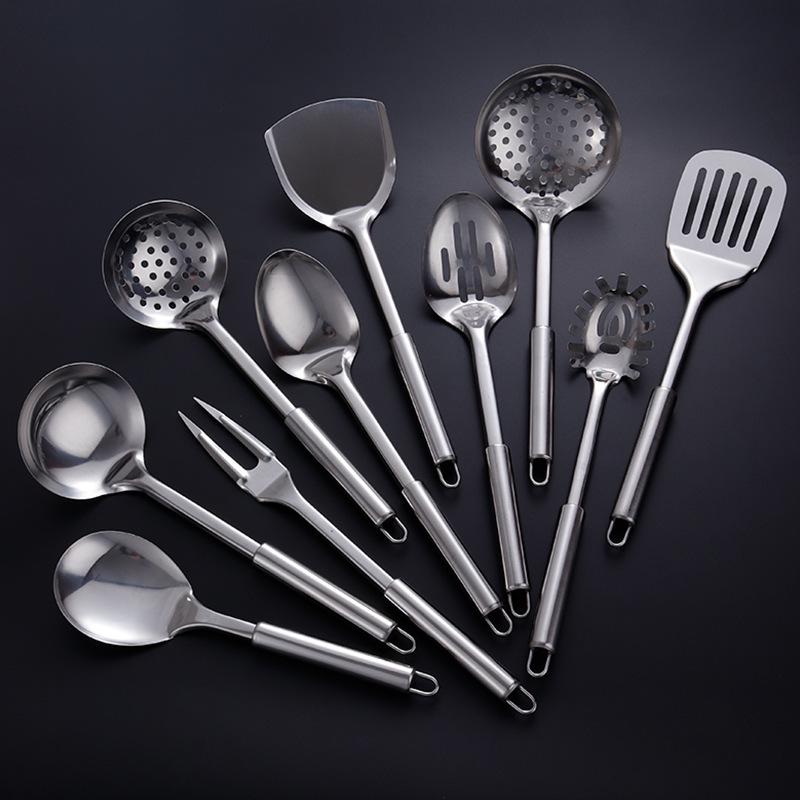 Stainless Steel Kitchenware Set: Spatula, Soup Ladle, Anti-Scald Stir-Fry Spatula, Frying Spatula, Large Slotted Spoon with Round Tube Handle.